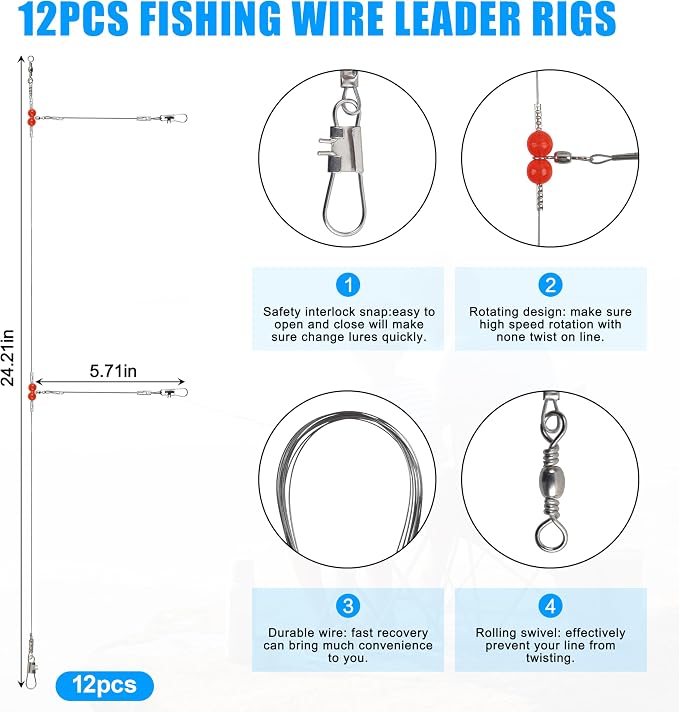 Saltwater Surf Fishing Tackle Kit - Saltwater Surf Fishing Rigs Bottom Rigs Include Fishing Leader Rigs Pyramid Sinkers Bass Casting Sinker Circle Hooks for Striped Bass Red Drum Flounder