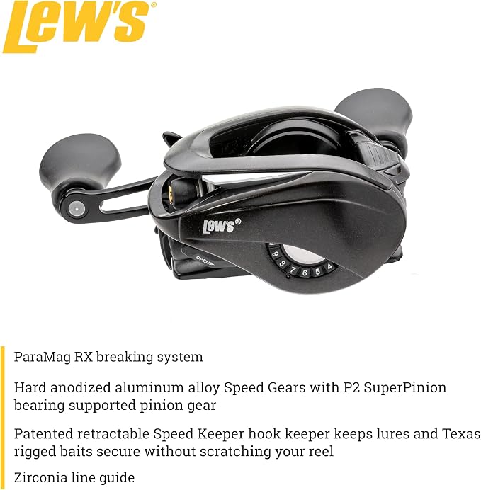 Lew’s Custom Baitcast Fishing Reel, 9+1 Bearings, Aluminum Frame and Sideplates, ParaMag RX Brake, Carbon Fiber Drag, Speed Gears, Black/Silver
