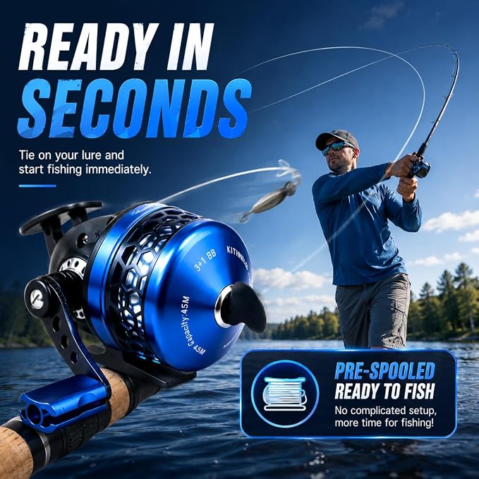 Spincast Fishing Reel, 3.9:1 Gear Ratio, Pre-Spooled, Left/Right Hand Reversible, Aluminum, Black, for Freshwater Trout, Catfish and Bass