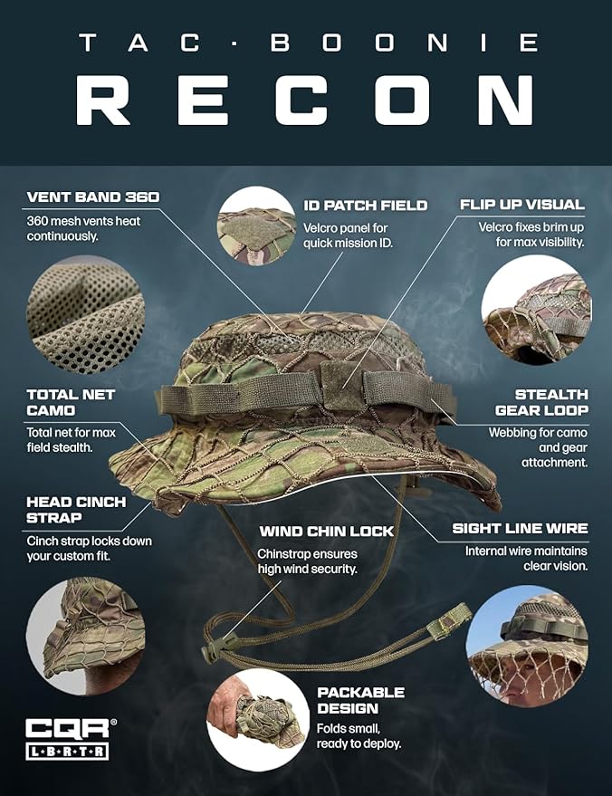 CQR Men's Tactical Boonie Hat, Breathable Packable Sun Hat for Hunting, Hiking, Fishing, Shooting, and Outdoor Activities