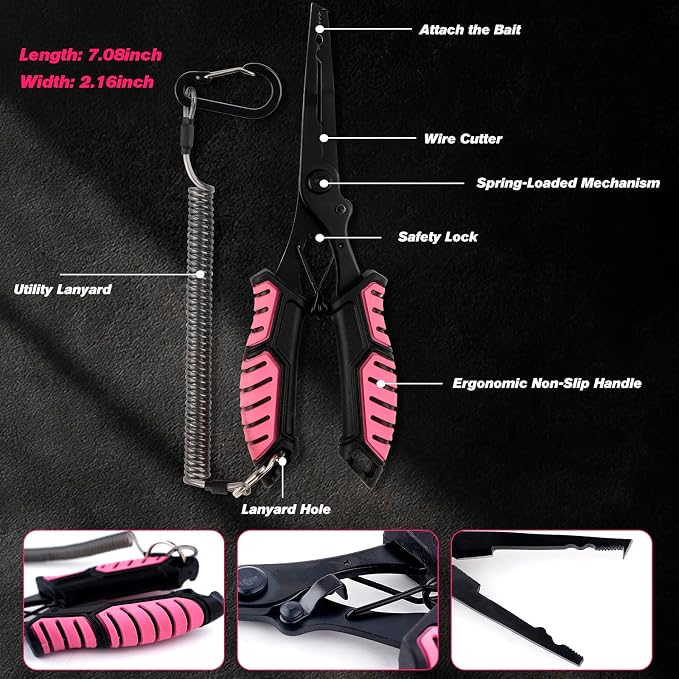 mouhike Pink Fishing Tool Set, 9 Modes Rechargeable LED Headlamp, Long Nose Fishing Pliers, Fish Lip Gripper, Night Fishing Gear Kit Fishing Gift for Men Women