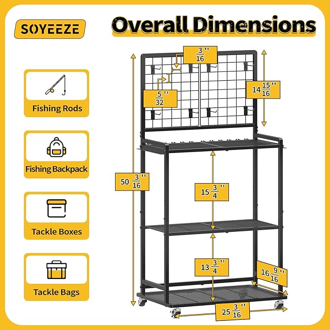SOYEEZE Large Size Fishing Rod Holders for Garage, Heavy Duty 3-Tier Fishing Pole Rack with Pegboard and Hooks, Fishing Gear Organizer Up to 12 Rods, Rolling Fishing Storage Cart with Lockable Wheels