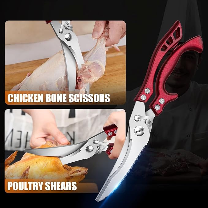 Dream Reach Poultry Shears, Red Heavy Duty Kitchen Shears with Serrated Edge, No Rust Spring Loaded, Multipurpose Stainless Steel Kitchen Scissors for Chicken Meat, Turkey, Fish, Gifts for Men Women