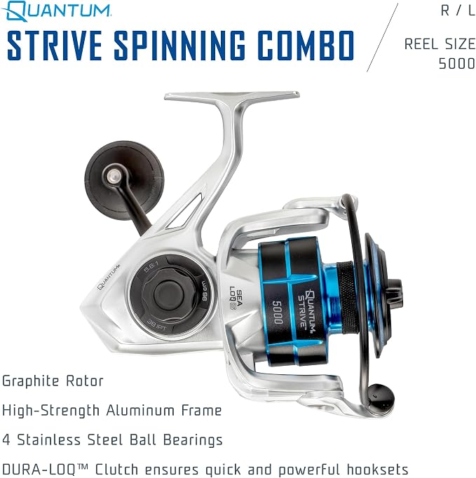 Quantum Strive Spinning Reel and Fishing Rod Combo, Graphite Composite Blank, 4+1 Bearings, Silver/Blue