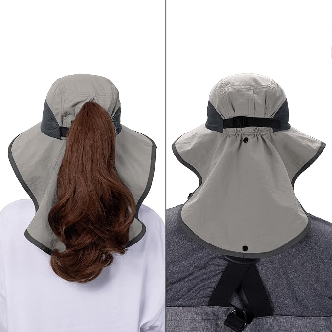 BASSDASH UPF 50+ Unisex Water Resistant Wide Brim Sun Hat with Large Neck Flap Ponytail Fishing Hat for Men Women