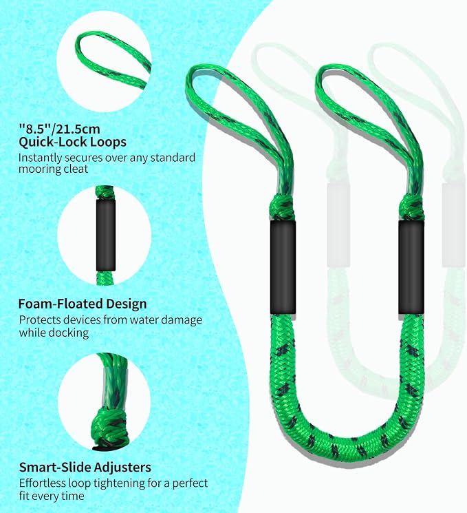 2-Pack Bungee Dock Lines for Boats with Loops, Boat Tie Downs for Docking, Adjustable Boat Mooring Rope for Pontoon, Jon Boat & PWC (Green & Black, 4 FT)