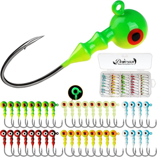 Dovesun Jig Heads for Fishing, Painted Jigheads with 3D Eye Ball Glowing Walleye | Bass | Crappie jigs 1/2oz 3/8oz 1/4oz 1/5oz 1/8oz 1/10oz 1/16oz 1/32oz Fishing Jig Hooks Assortment 15-40pcs
