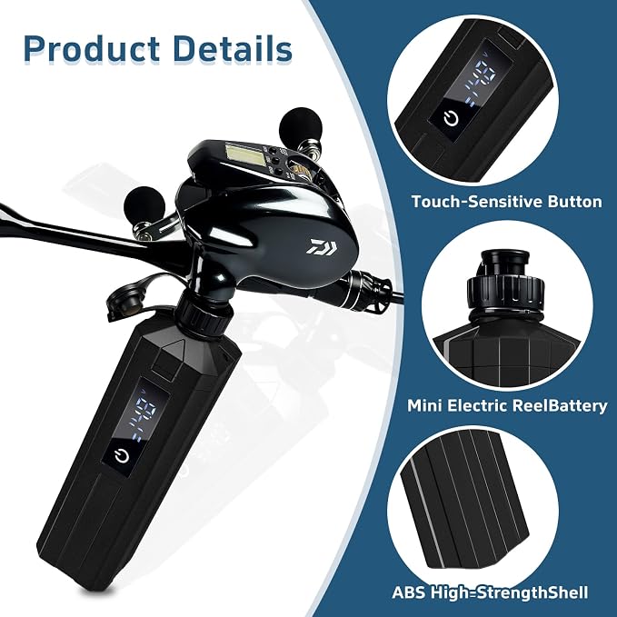 Super Mini Electric Fishing Reel Battery. Latest Model with Digital LED Display. Compatible with Daiwa & Shimano Electric reels.