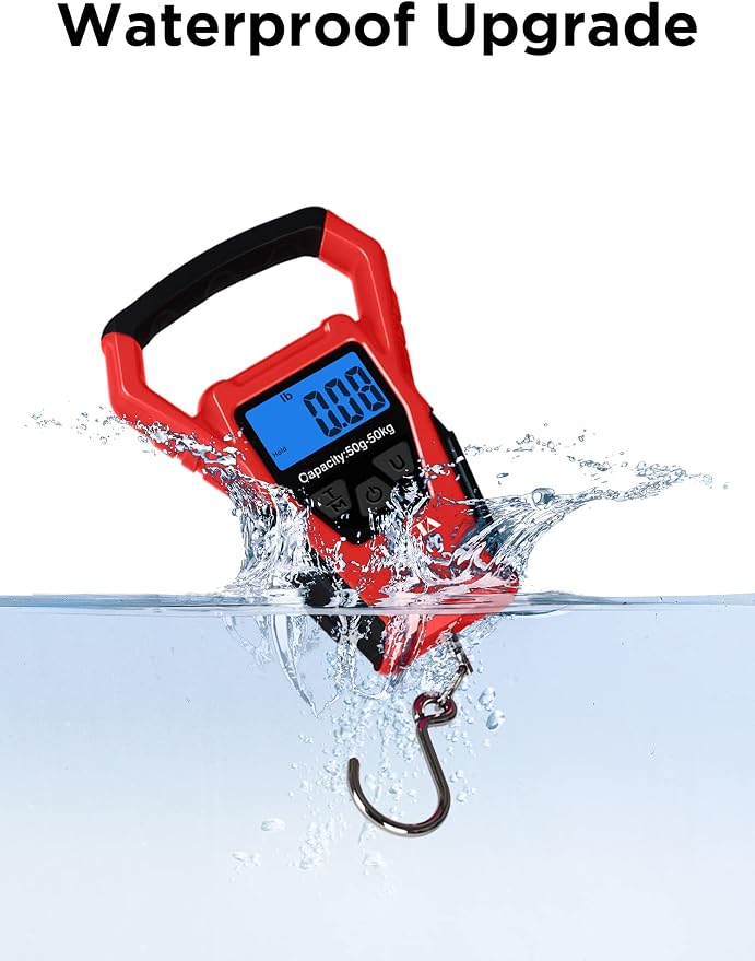 HEETA Waterproof Fish Scale Digital with Backlit LCD Display, 110lb/50kg Portable Hanging Scale Fishing Scale for Home and Outdoor, Measuring Tape and 2 AAA Batteries Included