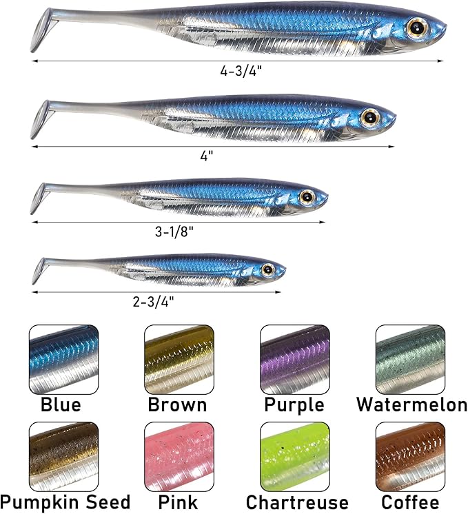 Dr.Fish Paddle Tail Swimbaits, Soft Fishing Lures for Bass Fishing 2.75-4.75 Inches, Freshwater & Saltwater Soft Plastic Baits Swim Shad Bait Minnow Lures Drop Shot