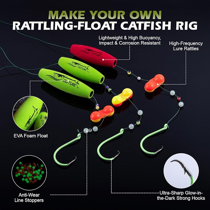 Goture Catfish Rig Making Kit,274pcs/300pcs Catfishing Tackle with Luminous Fishing Hook Swivel Sinker Weights Rattle Float Bobber Stoppers,Catfish Rigs Accessories with 3600 Tackle Box,Gifts for Men