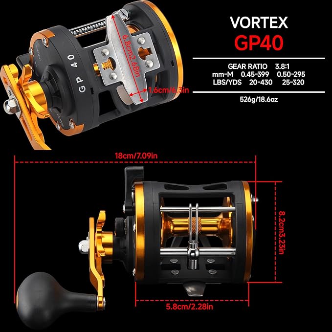 HAUT TON Vortex Baitcasting Fishing Reels, Saltwater Inshore Surf Trolling Reel, Round Baitcaster Reel Up to 44LBS Powerful Max Drag, Conventional Reel for Catfish, Musky, Salmon