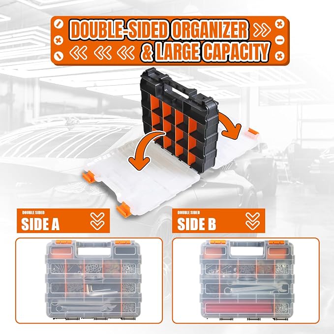 Jack Boss Tool Box with Transparent Lid, Double Side 34-Compartments Organizer Box with Removable Dividers for Hardware, Screws, Bolts, Nails, Beads, Jewelry and Fishing Accessories, Orange, 1 Pack