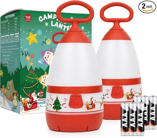 2-Pack Kids Camping Lantern & Night Light, Battery Operated, 360° Eye-Safe Light, Santa Decor, IPX4 Waterproof Fun Everyday Gift (Christmas, 6× AAA Included)