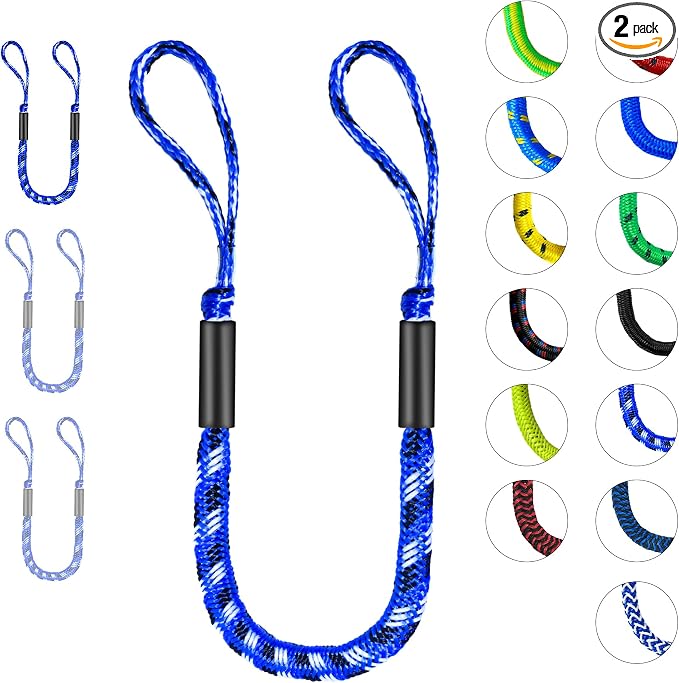 2-Pack Bungee Dock Lines for Boats with Loops, Boat Tie Downs for Docking, Adjustable Boat Mooring Rope for Pontoon, Jon Boat & PWC (Blue, Black & White, 4 FT)