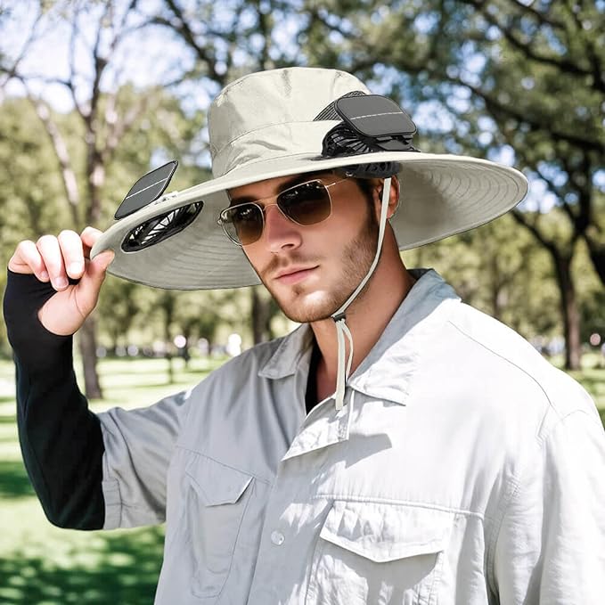 Solar Powered Fan Hat for Men Women Wide Brim Hat with 2 Fans UPF 50+ Outdoor Fishing Beach Sun Hat