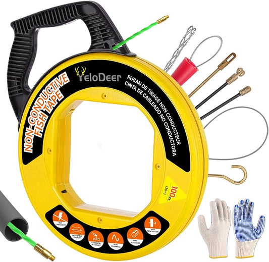 Non-Conductive Fish Tape Wire Puller 100 FT x 4.5 mm with Gloves and 7 Adapters, Flexible PET Wire Fishing Tools for Walls and Electrical Conduit, Rust-Proof