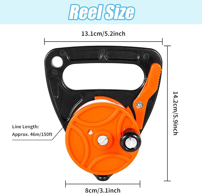 Compact 150ft Scuba Dive Reel Kayak Anchor with Thumb Stopper for Safety Underwater Diving Snorkeling