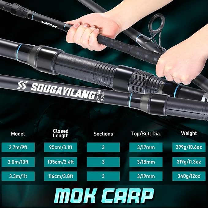 Sougayilang Spinning Fishing Rod, 3-Piece, Carbon Catfish Rod with EVA Comfortable Handle for Catfish and Carp Fishing, Medium/Heavy Power, 9'0"/10'0"/11'0" (11'0")