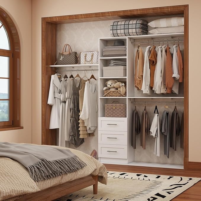 Closet Organizer System with Drawers, 8FT Corner Closet Shelving System 96" Walk in Wood Closet Storage System with 3 Shelves Custom Hanging Rods Heavy Duty Wall Mount