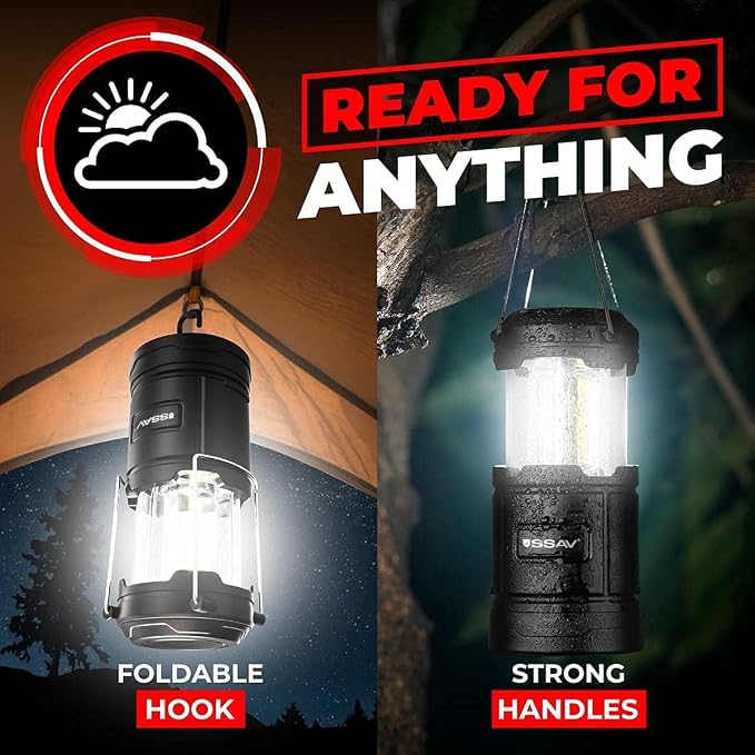 Multipurpose Camping Lantern - Portable LED Battery Powered Lanterns with Magnetic Base and Foldable Hook for Emergency Use or Campsites, Hurricane Survival Kit | Batteries Included