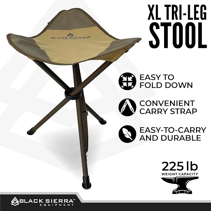 Black Sierra Folding Hunting Stool with Shoulder Strap, Lightweight Collapsible Tripod Seat, Steel Frame Supports 225 lbs, Portable Foldable Chair for Hunting Blind, Fishing, Hiking, Travel