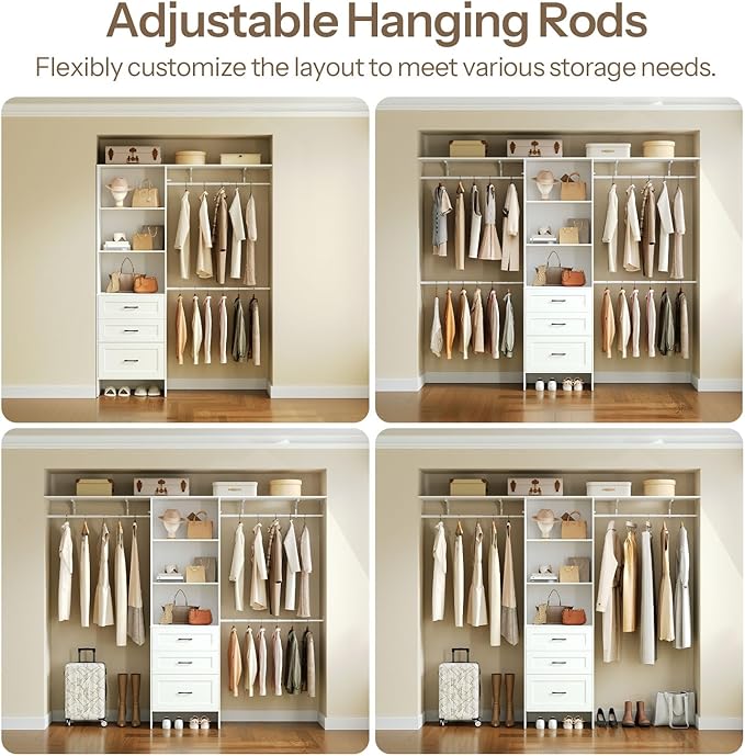 HOOBRO Closet System, 8FT Closet Organizer with Drawers, 95.7'' Clothes Organizer System Walk-in Wardrobe Clothes Rack with 4 Extendable Hanging Rods Garment Rack for Bedroom Cloakroom, White