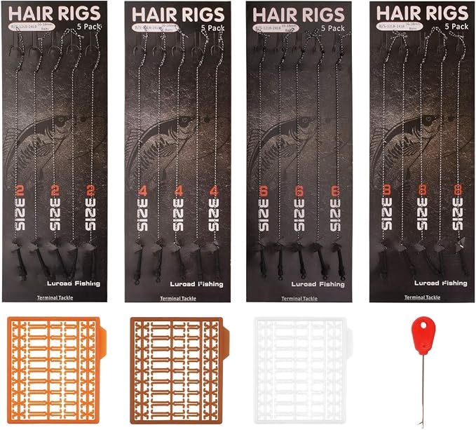 Carp Fishing Hair Rigs, 20 Pcs Curved Barbed Carp Hook Anti-Tangle Swivel Braided Thread line with 3 Card Boilie Bait Stops Dumbell Stoppers and Stringer Needle