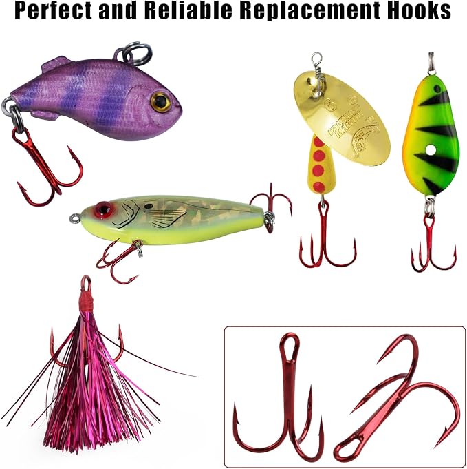 Fishing Treble Hooks Triple Fishing Hooks High Carbon Steel Barbed Sharp Round Bend Treble Hooks Replacement for Hard Lures Bait