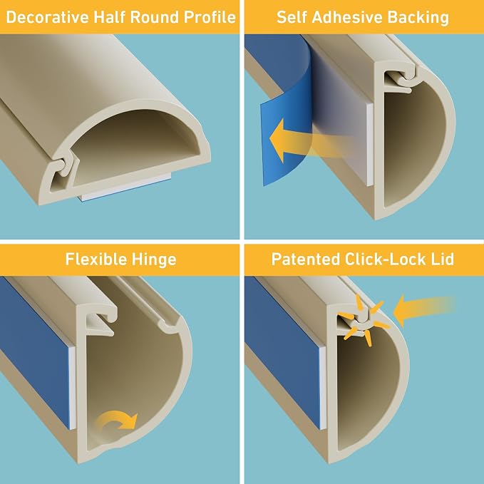 D-Line Half Round Cord Hider, Patented Cable Cover, Hide TV Wall Mount Wires, Raceway for Cords, Decorative Wire Covers, Paintable, Adhesive Cable Concealer, 1x 0.78in W x 0.39in H x 39in L, Beige