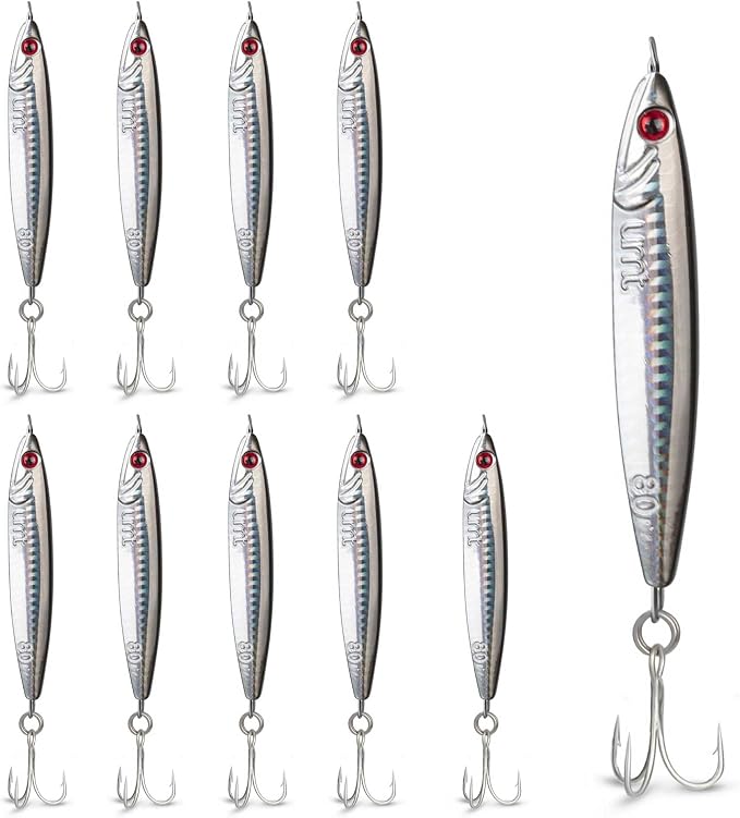 UMT 80g Saltwater Fishing Jigs for Sea Bass, Fluke, Porgy 1, 5, 10 Packs - Set with Treble Hook, Multi-Colors - Saltwater & Freshwater Compatible Fishing Lure