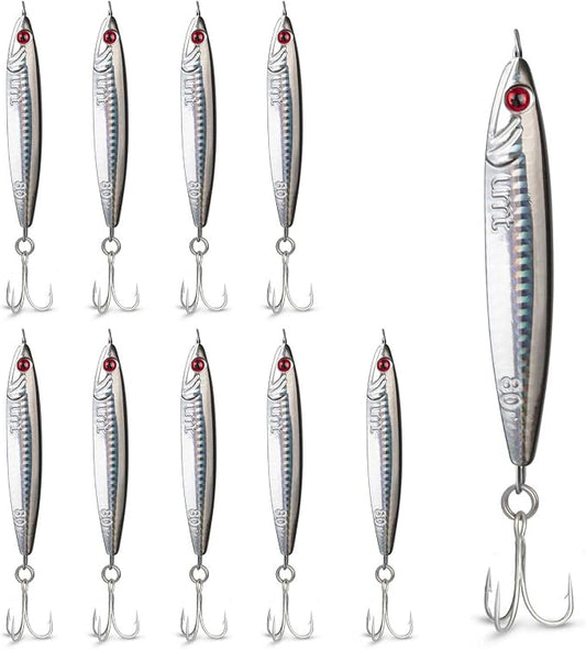 UMT 80g Saltwater Fishing Jigs for Sea Bass, Fluke, Porgy 1, 5, 10 Packs - Set with Treble Hook, Multi-Colors - Saltwater & Freshwater Compatible Fishing Lure
