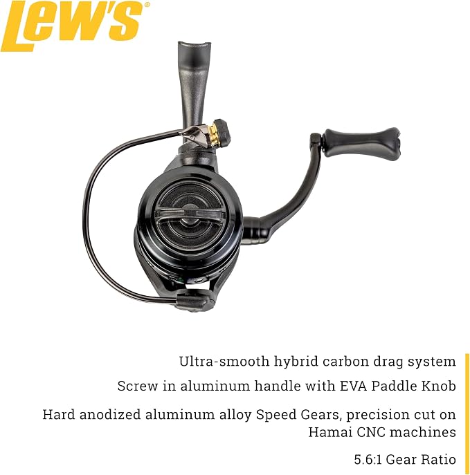 Lew's Custom Spinning Fishing Reel, 9+1 Bearings, Aluminum Frame and Sideplate, Screw-in Aluminum Handle, Speed Gears, Speed Lube, Black/Silver