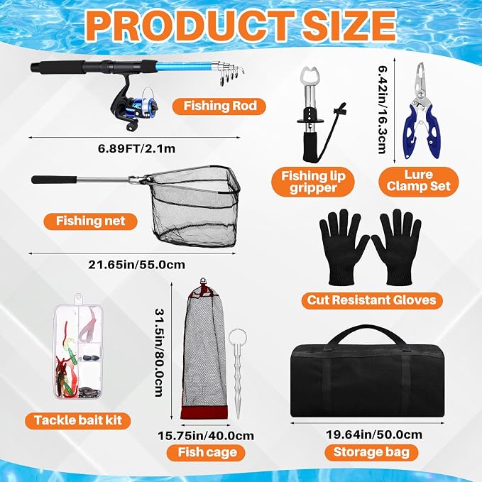 MiniInflat Telescopic Fishing Rod and Reel Combo, 6.89ft 2pcs Collapsible Rod with Plier Lip Gripper Lures Carrier Bag Pre-Loaded Spinning Reel Saltwater Freshwater Fishing Pole Kit