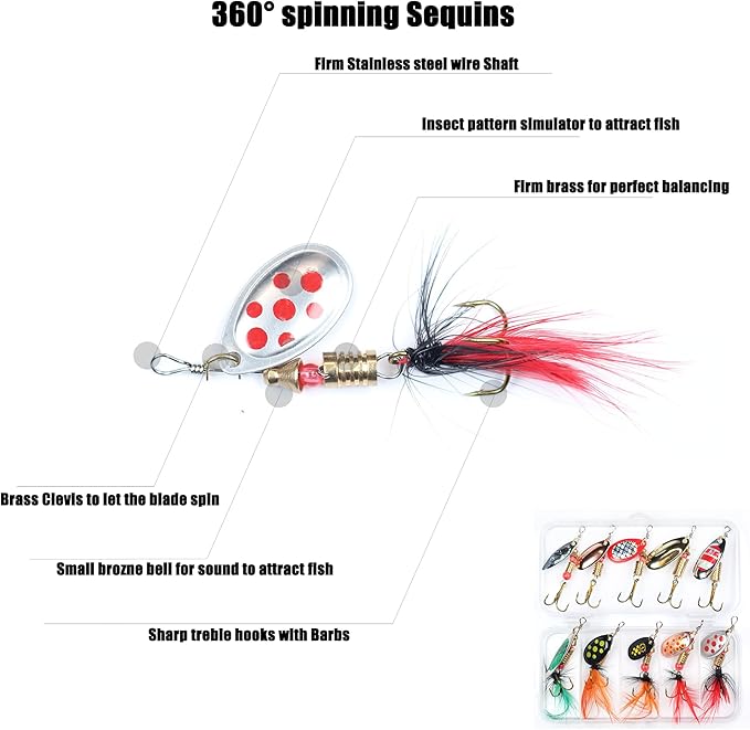 EXAURAFELIS 10/30pcs Fishing Lure Spinnerbait with Feathered Treble Hooks Rooster Tail Fishing Lures Spoon Lures for Bass Salmon Trout Spinner Baits with Tackle Box