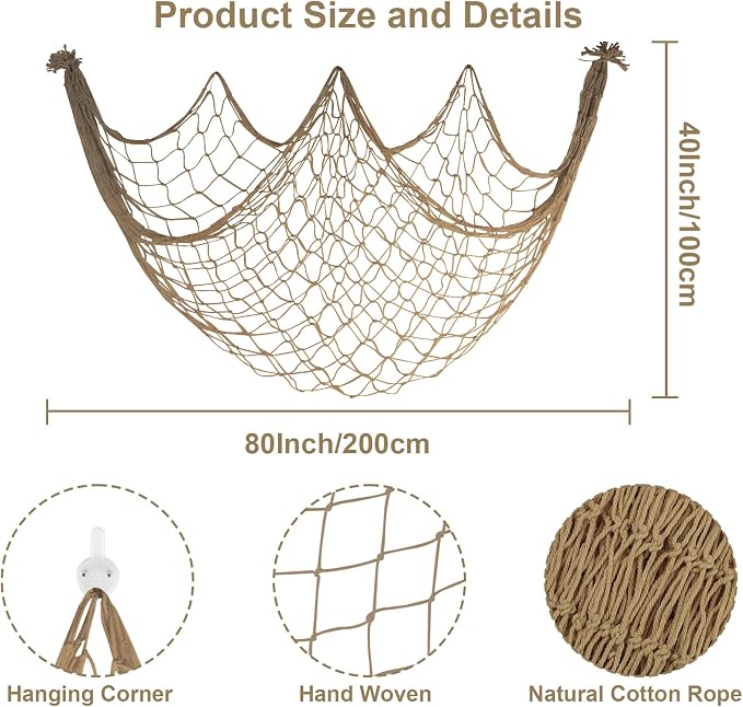 Fishing Net Decor for Party - 80x40 In Brown Fish Net Decorations Under The Sea Hawaiian Mermaid Pirate Beach Party Decorations, 3mm Natural Cotton Fishnet Ocean Nautical Themed Wall Table Decor