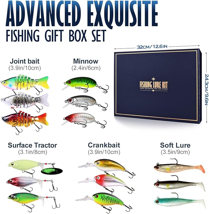 Fishing Lures Kit for Men, 15PCS Bass Fishing Lures Gift Set with Premium Gift Box, Hard & Soft Baits for Bass Trout Pike Salmon, Freshwater & Saltwater Fishing Gear Gifts