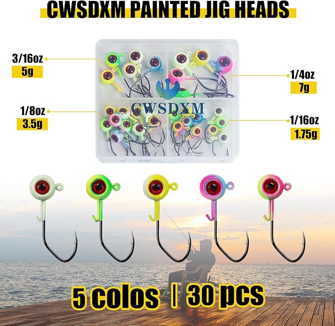 Painted Crappie Jig Heads 3D Eyes Fishing Hooks with Wire Keeper Lures for Crappie Panfish Bass Fishing Jig Hooks Assortment 1/16 oz 1/8 oz 3/16oz 3/8 oz 1/4 oz