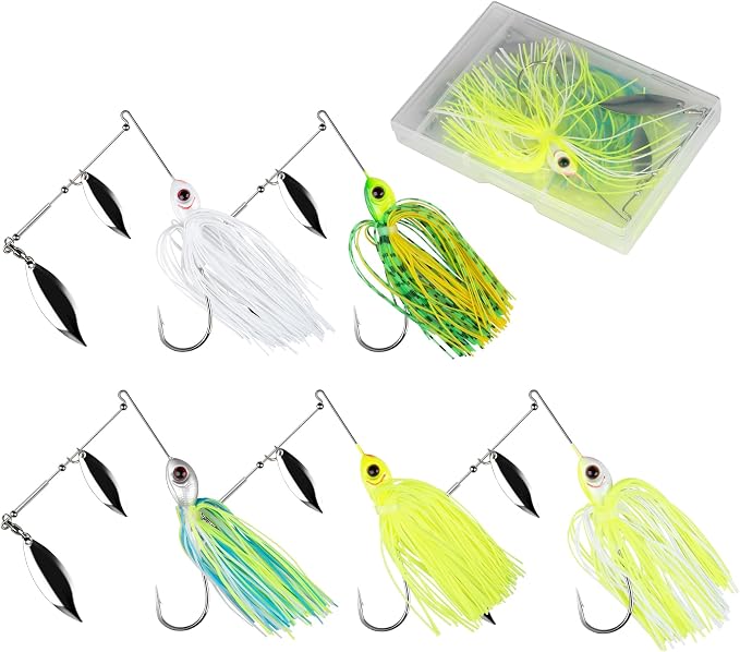 5 Pcs Bass Spinner Baits, Fishing Lures with Skirt, Metal Blade Spinnerbait for Trout, Salmon, Pike, and Predatory Fish