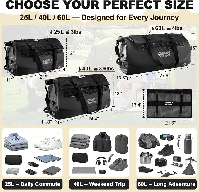 Waterproof Duffel Bag 25L/40L/60L – Heavy-Duty Motorcycle Tail Bag, Roll-Top Dry Bag for Travel, Camping, Boating, Kayaking, Outdoor Adventure