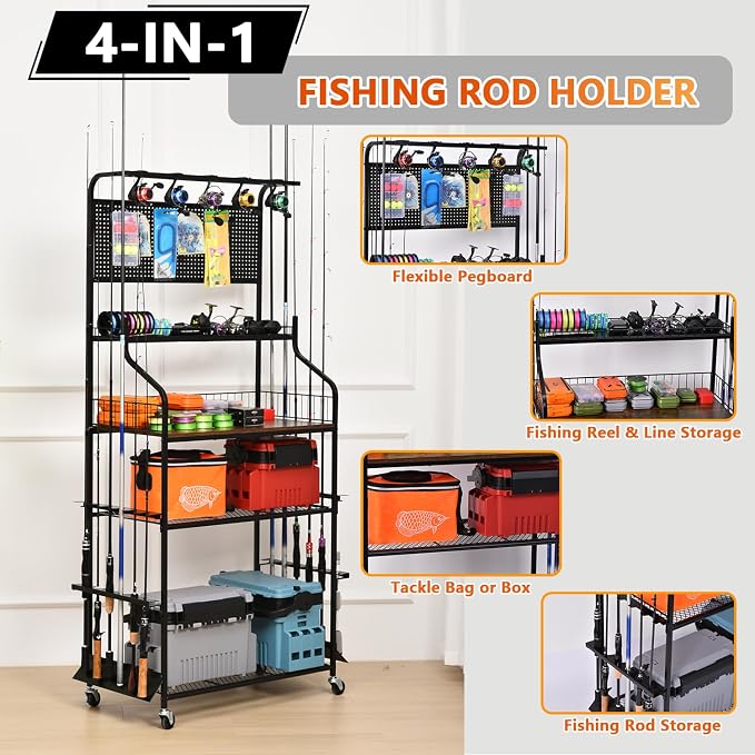Heavy Duty Fishing Rod Rack, Fishing Organizer for Garage, Fishing Gear Holder for Garage with Movable Wheels