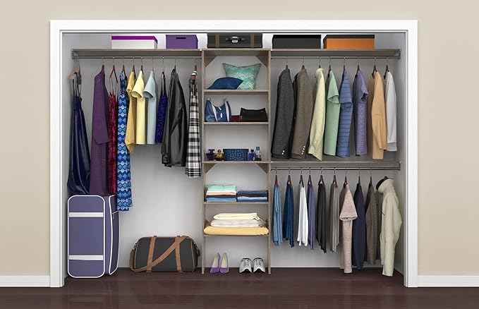 ClosetMaid SuiteSymphony Wood Closet Organizer Kit with Tower, 3 Hang Rods, Top Shelves, Adjustable, Fits Spaces 6 - 10 ft. Wide, Natural Gray