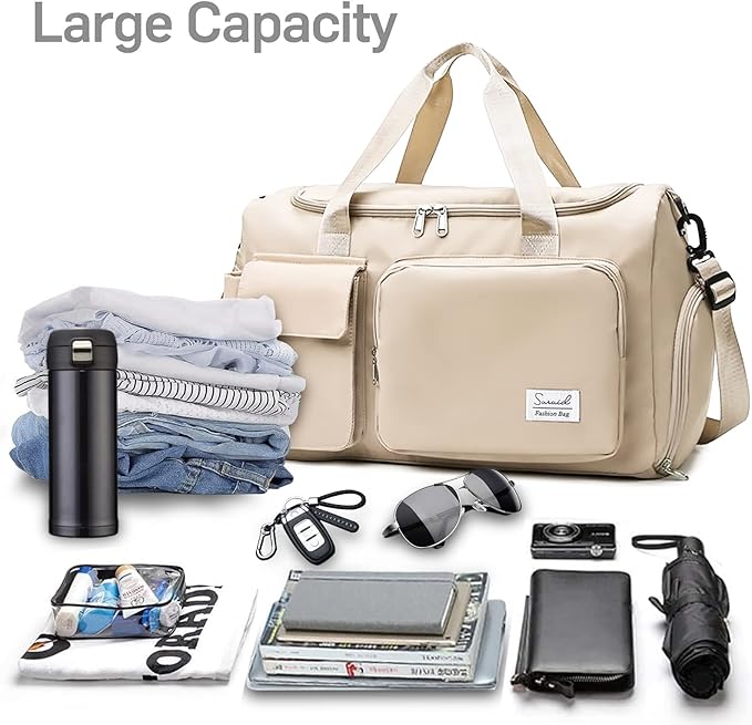 Suruid Sports Gym Bag with Shoes Compartment Travel Duffel Bag with Dry Wet Separated Pocket for Men and Women, Overnight Bag Weekender Bag Training Handbag Yoga Bag - Off White
