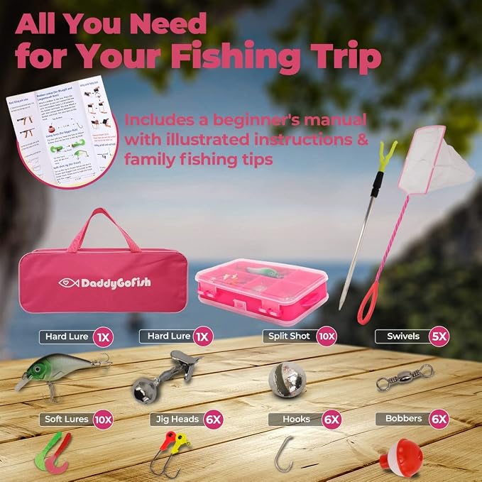 DaddyGoFish Kids Fishing Pole - Rod Reel Combo Tackle Box Starter Set - First Year Small Dock Gear Kit for Boys Girls Toddler Youth Age Beginner Little Children Junior Anglers