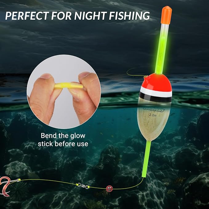 QualyQualy Lighted Fishing Slip Bobber 4-5Pcs Wood/EVA Fish Float + 8-10Pcs Glow Sticks, Night Fishing Light Up Slip Bobber for Crappie Bass Panfish Catfish Walleye