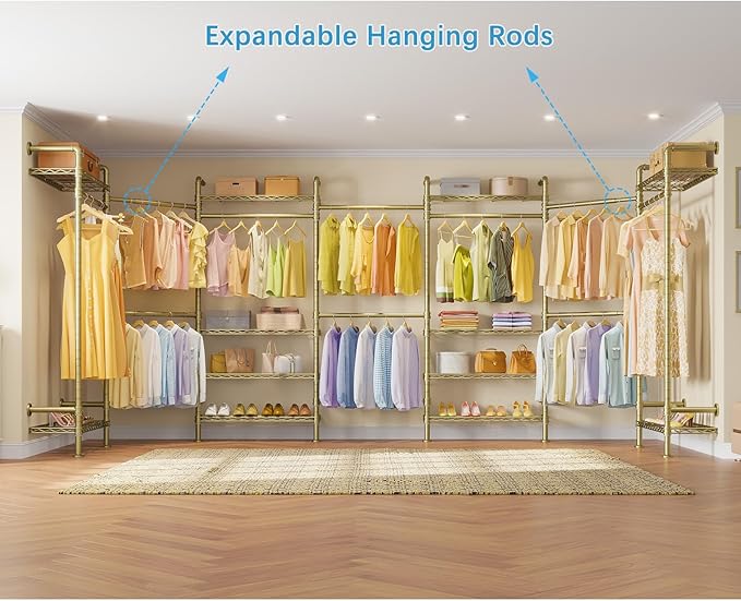 Timate U3 U Shape Garment Rack Heavy Duty Clothes Rack for Hanging Clothes, Expandable Industrial Pipe Clothing Racks Wall Mounted Closets L Shaped Closets Wardrobe Closet System Large Closet Kit Gold