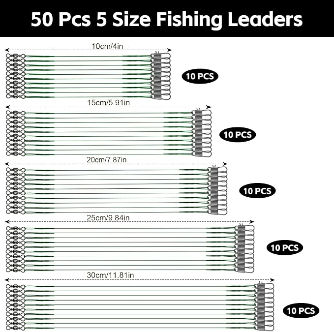DONQL 50pcs Fishing Leaders, Stainless Steel Fishing Wire Traces Pike Fishing, 10/15/20/25/30cm Anti-Bite Fishing Wire Trace Leaders with Rolling Swivels and Snaps for Bait Rigs Saltwater
