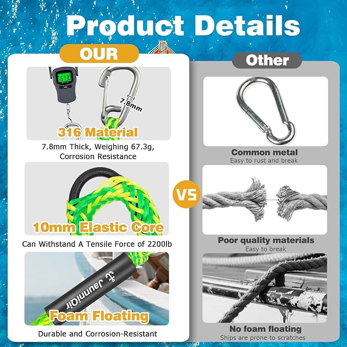 JaunniQir Bungee Dock Lines for Boats 7.2 Feet, 2 Pack Dock Lines with 316 Stainless Clips for PWC, Jet Ski, Kayak, Watercraft, Pontoon, Shock Absorbing Tie Off Downs Boat Mooring Ropes Accessories