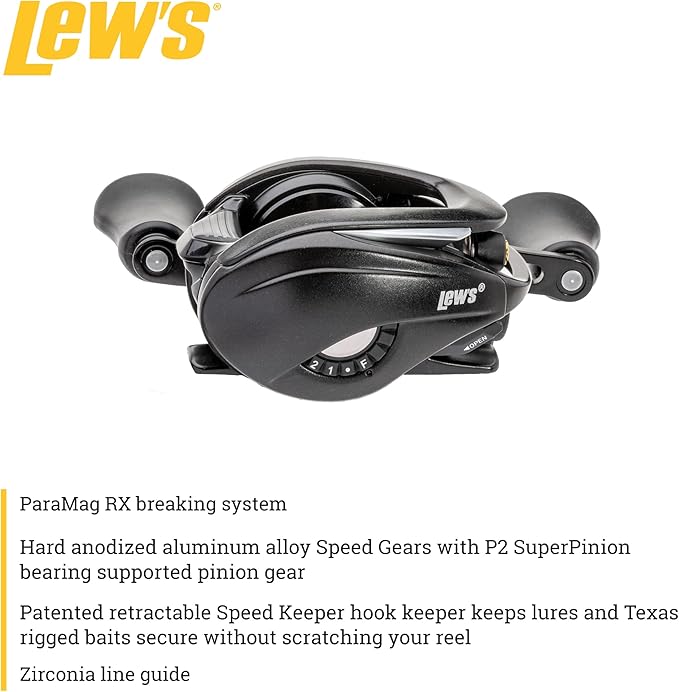 Lew’s Custom Baitcast Fishing Reel, 9+1 Bearings, Aluminum Frame and Sideplates, ParaMag RX Brake, Carbon Fiber Drag, Speed Gears, Black/Silver