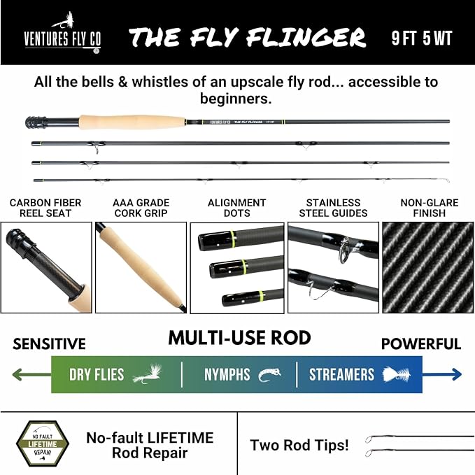 Ventures Fly Co. | Starter Packages | 23 Fly Fishing Accessories Complete Gear Combo | Perfect Beginner Kit | Includes Rod, Reel, Line, Flies, Leader, Tippet, Forceps, Nipper, Floatant & Net